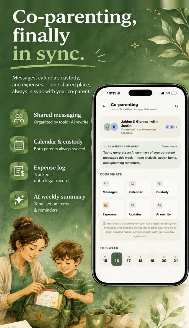 Co-parenting hub with shared messages, calendar, custody, expenses and an AI weekly summary