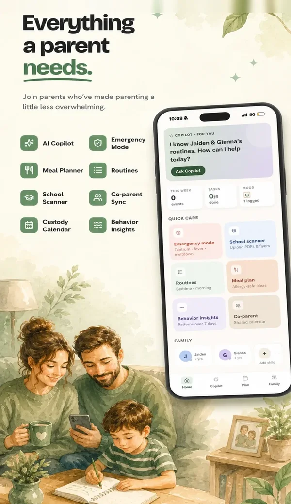 NestPilot home screen with AI Copilot, quick-care shortcuts and family profiles