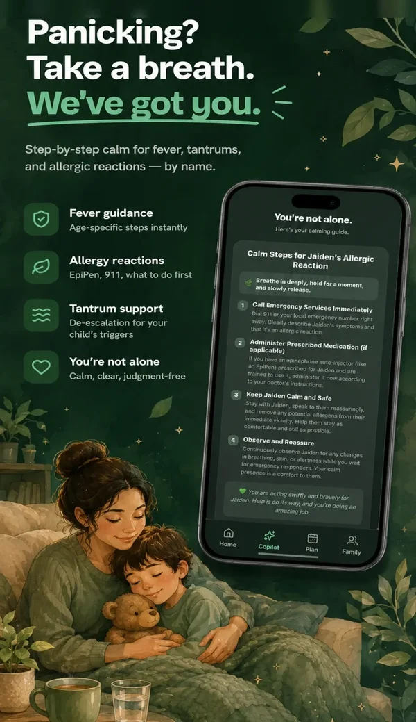 Emergency Mode giving calm step-by-step guidance for an allergic reaction