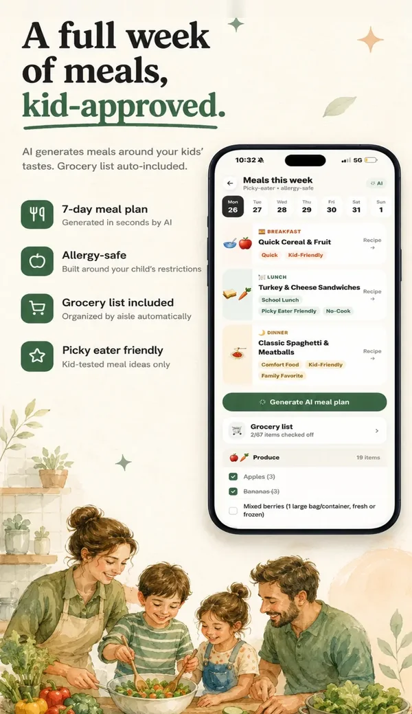 Weekly meal plan with allergy-safe meals and a grocery list
